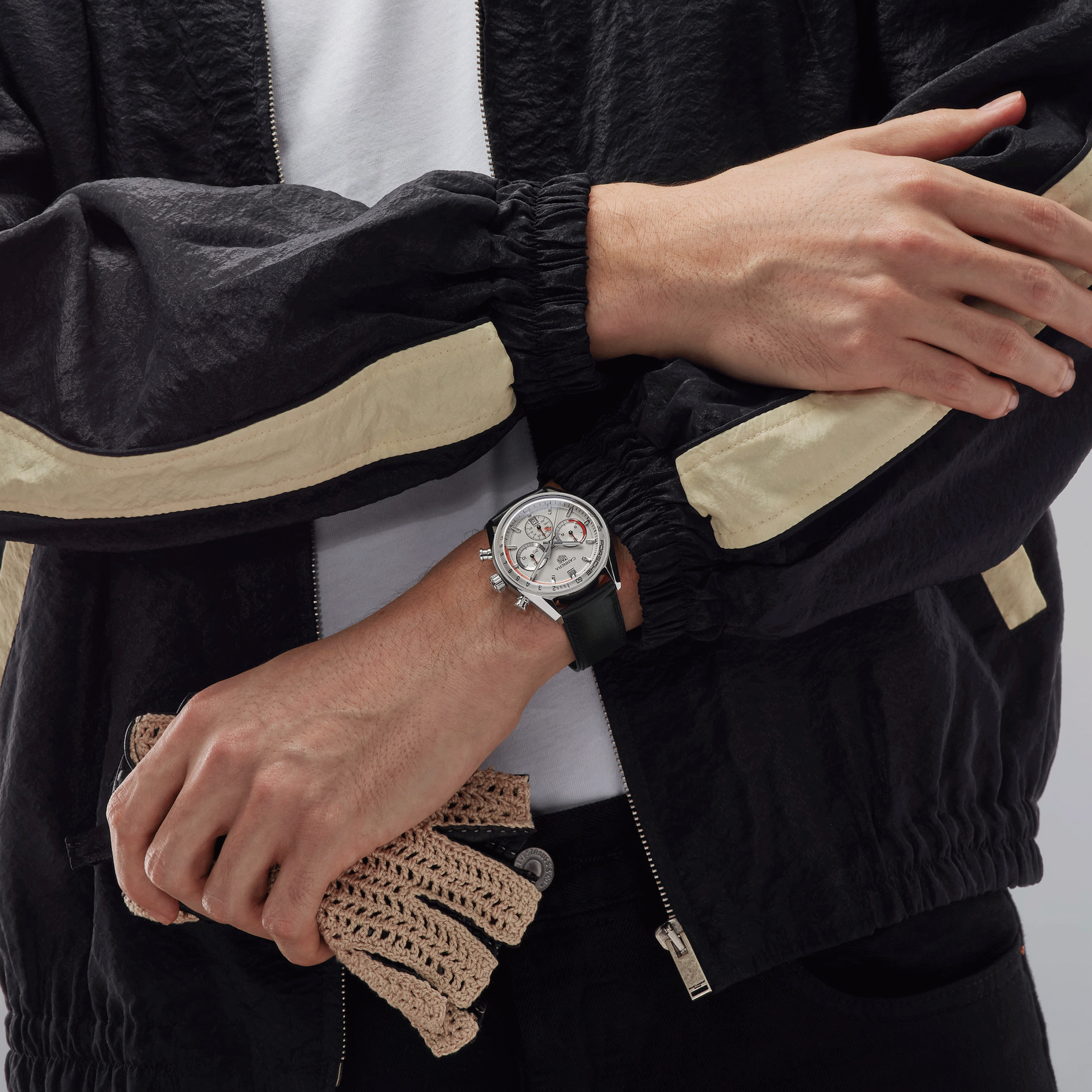 TAG Heuer Carrera Chronosprint x Porsche automatic watch silver dial black leather strap 42 mm CBS2011.FC6529