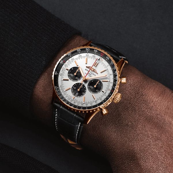 Breitling Navitimer automatic watch Rose Gold B01 Chronograph silver dial black leather strap 46 mm