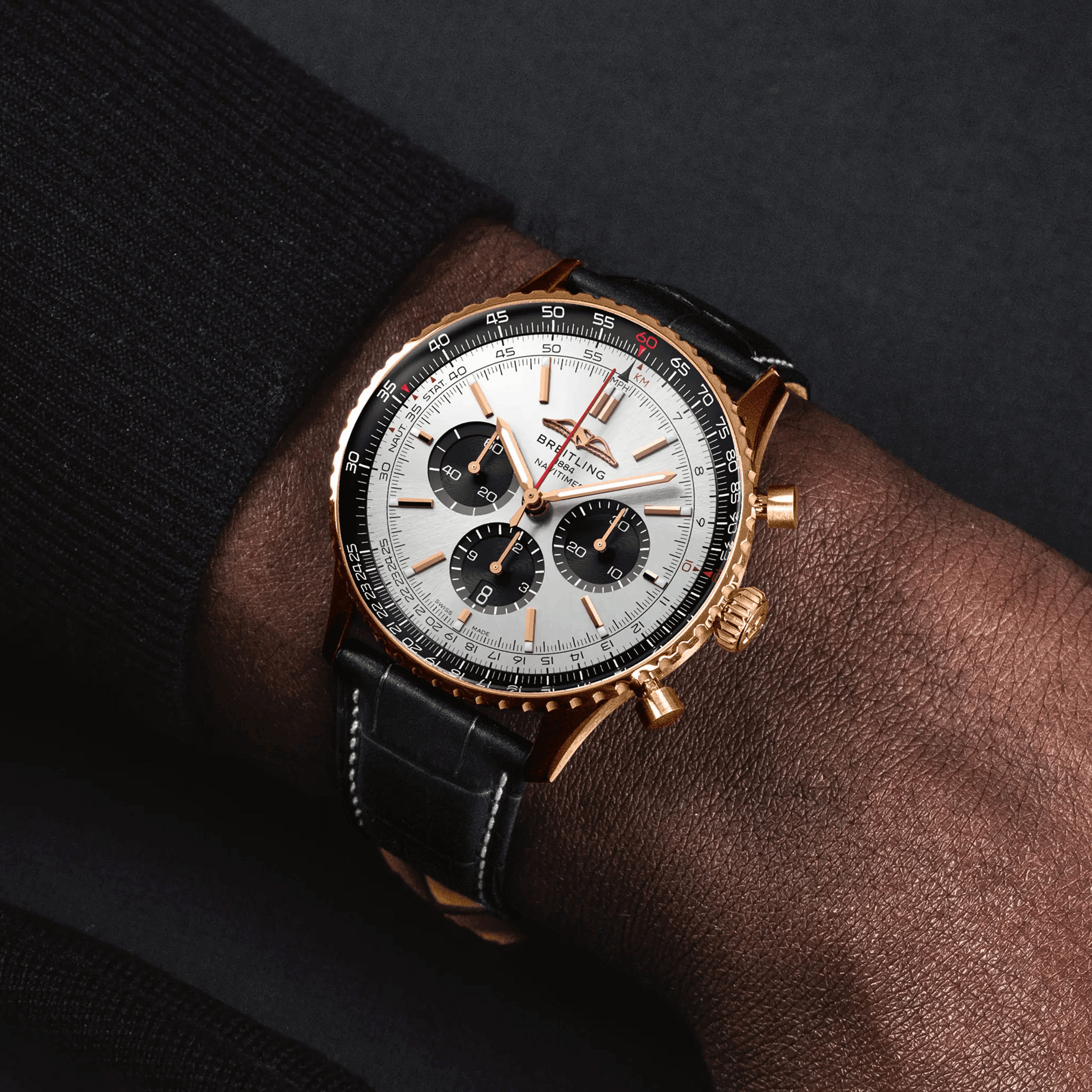 Breitling Navitimer automatic watch Rose Gold B01 Chronograph silver dial black leather strap 46 mm