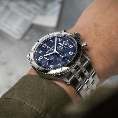 Breitling Classic AVI Chronograph Tribute to Vought F4U Corsaire automatic watch blue dial steel bracelet 42 mm A233801A1C1A1