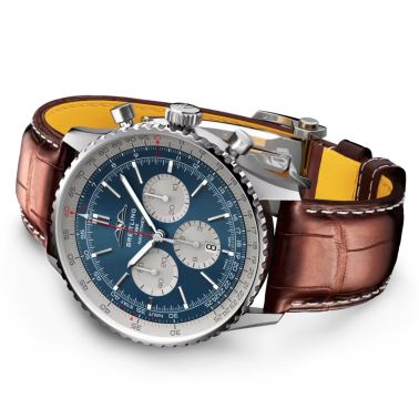 Breitling Navitimer automatic watch B01 Chronograph blue dial brown leather strap 46 mm