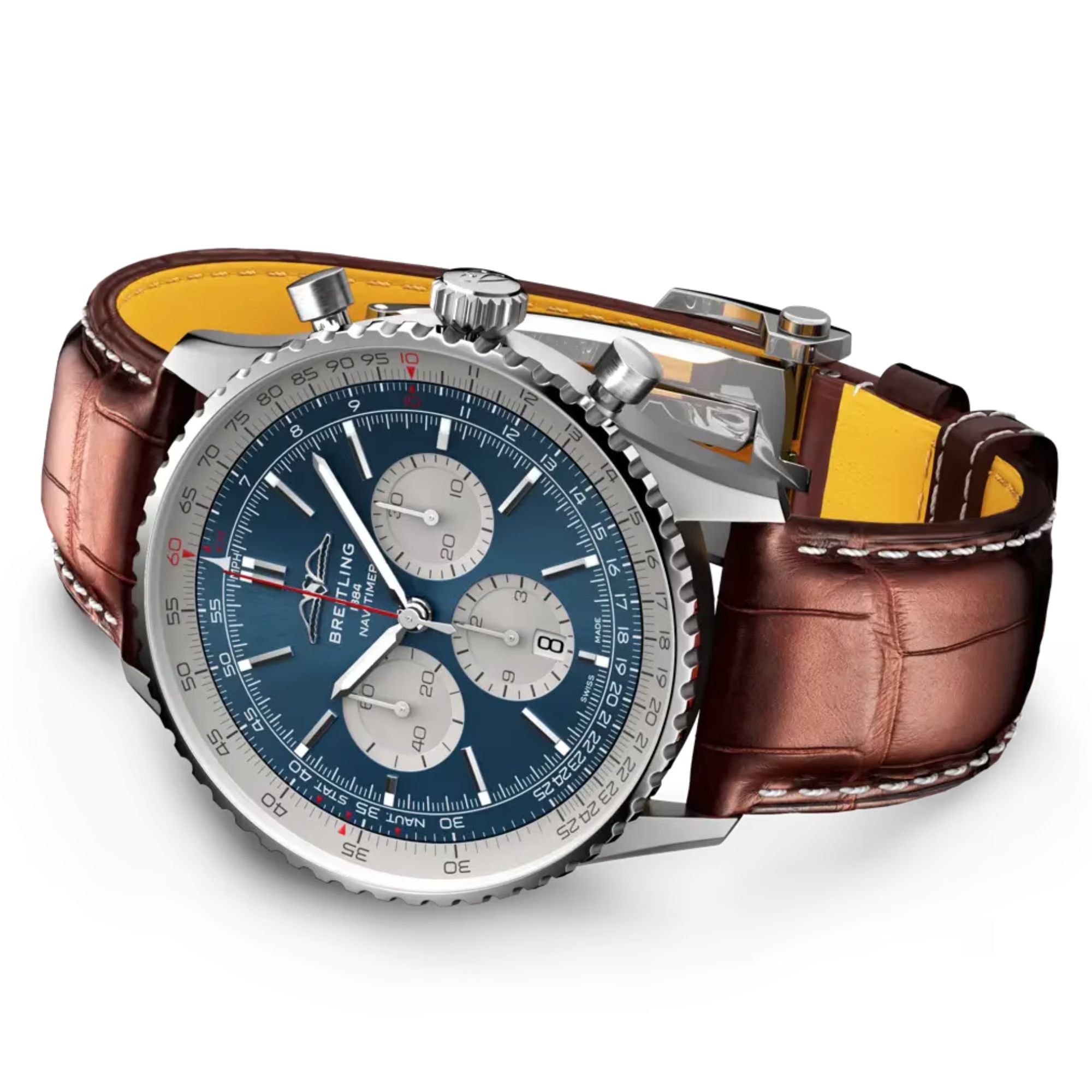 Breitling Navitimer automatic watch B01 Chronograph blue dial brown leather strap 46 mm