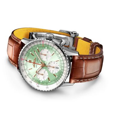 Breitling Navitimer automatic watch B01 Chronograph mint green dial brown leather strap 41 mm