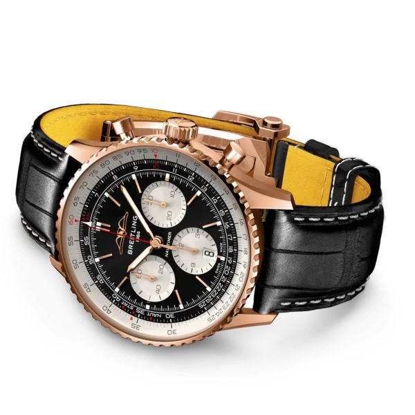 Breitling Navitimer automatic watch Rose Gold B01 Chronograph black dial black leather strap 43 mm