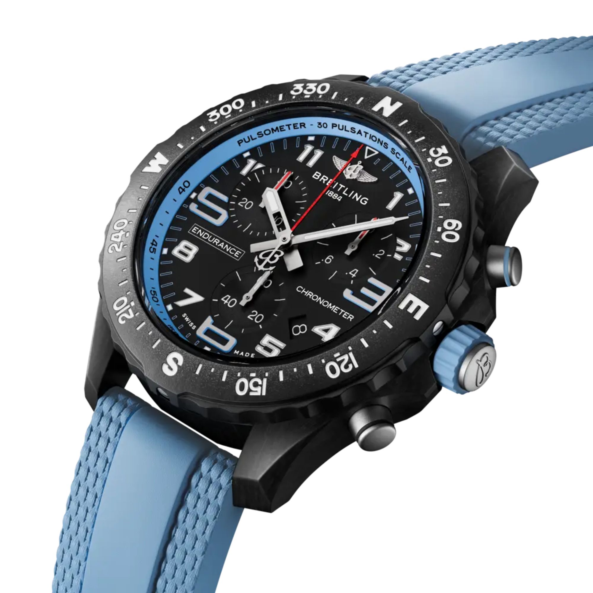 Montre Breitling Professional Endurance Pro quartz cadran noir bracelet caoutchouc bleu clair 38 mm