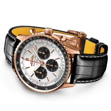 Breitling Navitimer automatic watch Rose Gold B01 Chronograph silver dial black leather strap 46 mm