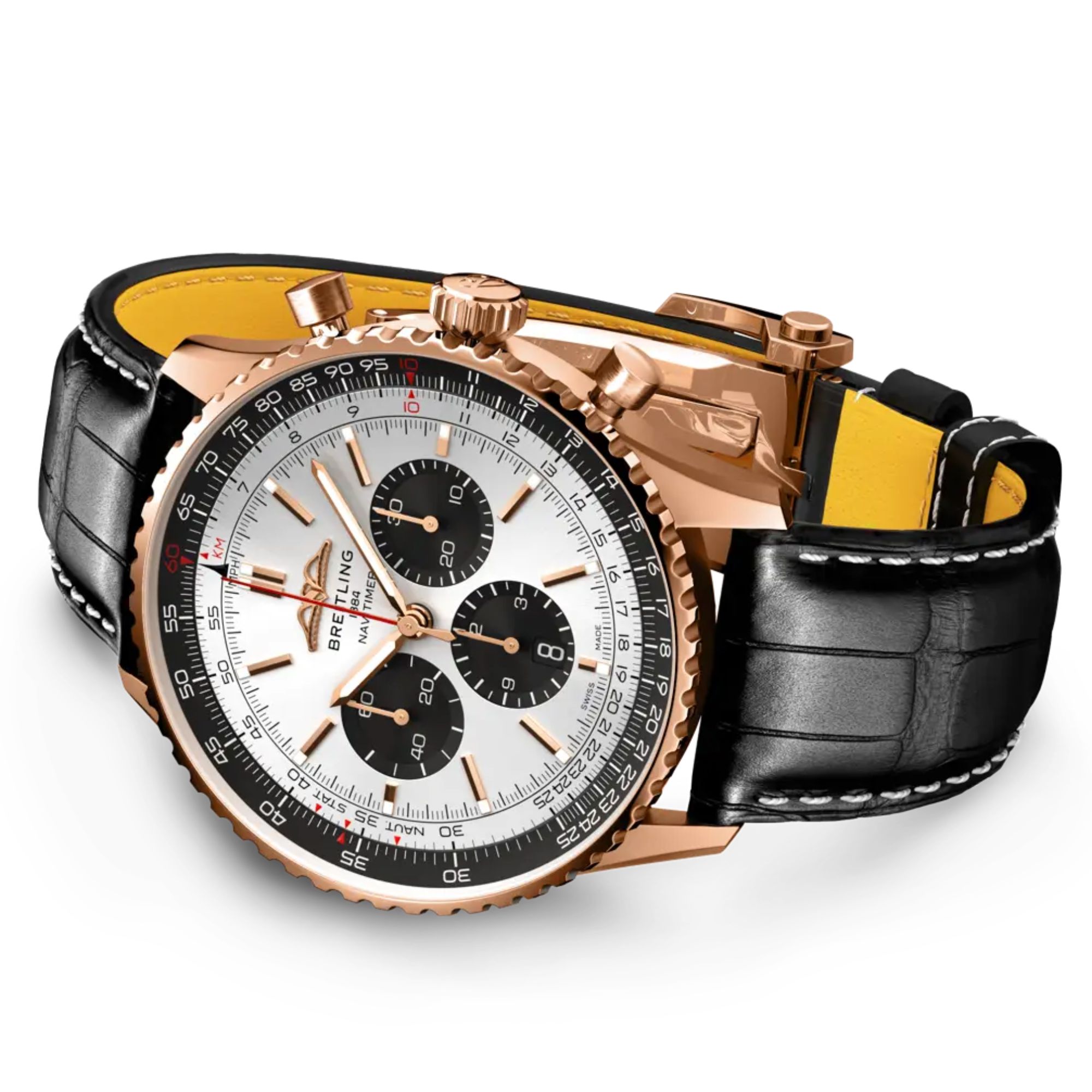 Breitling Navitimer automatic watch Rose Gold B01 Chronograph silver dial black leather strap 46 mm