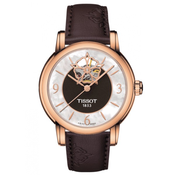 Montre Tissot Lady Heart Powermatic 80 cadran nacre bracelet cuir chocolat 35 mm T050.207.37.117.04