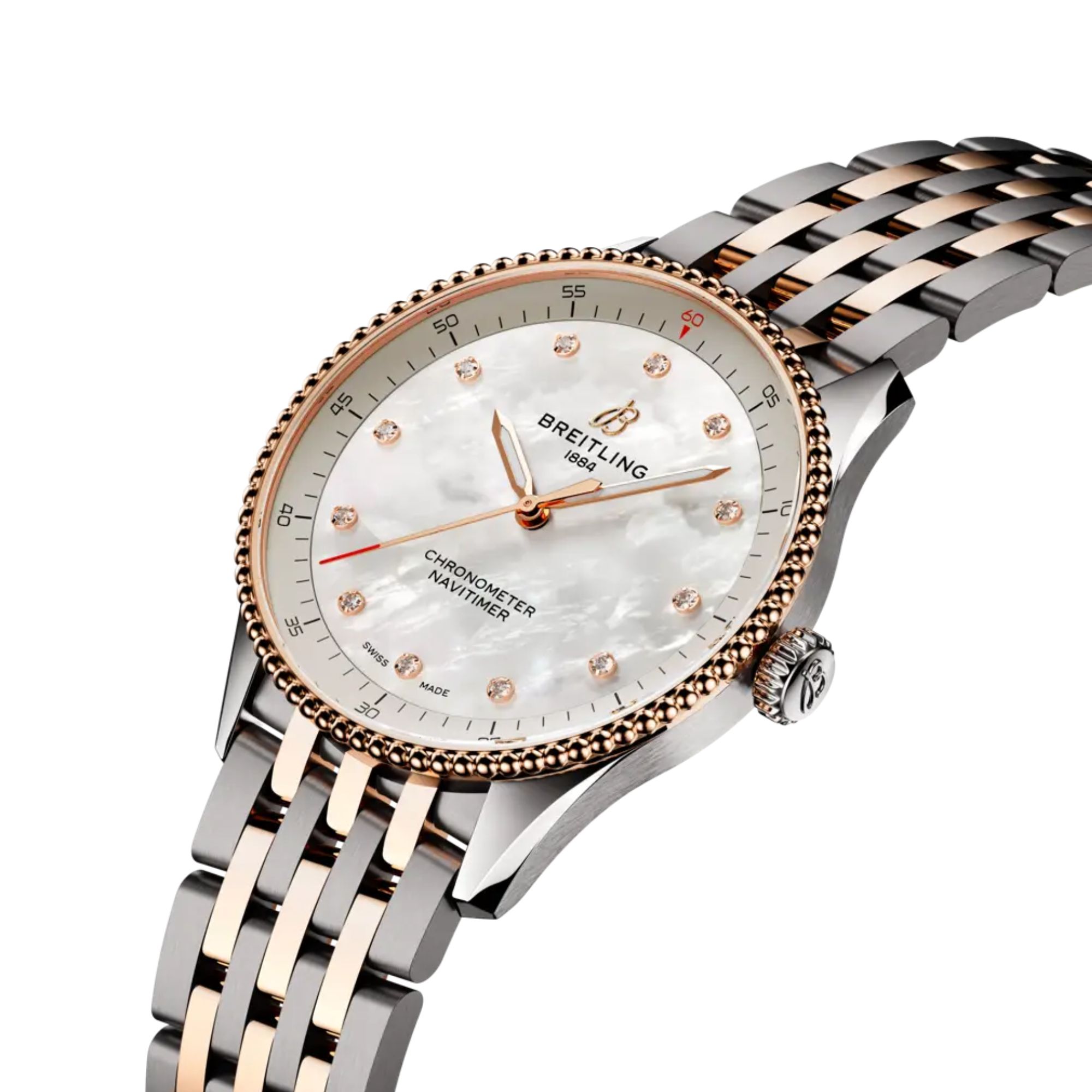 Breitling Navitimer quartz watch diamond index white mother-of-pearl dial steel and rose gold bracelet 32 mm