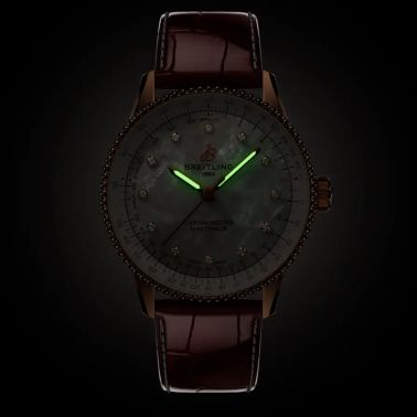 Breitling Navitimer Better Gold automatic diamond index white mother-of-pearl dial brown leather strap 36 mm