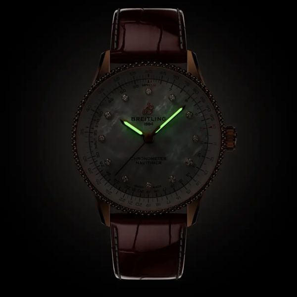 Breitling Navitimer Better Gold automatic diamond index white mother-of-pearl dial brown leather strap 36 mm