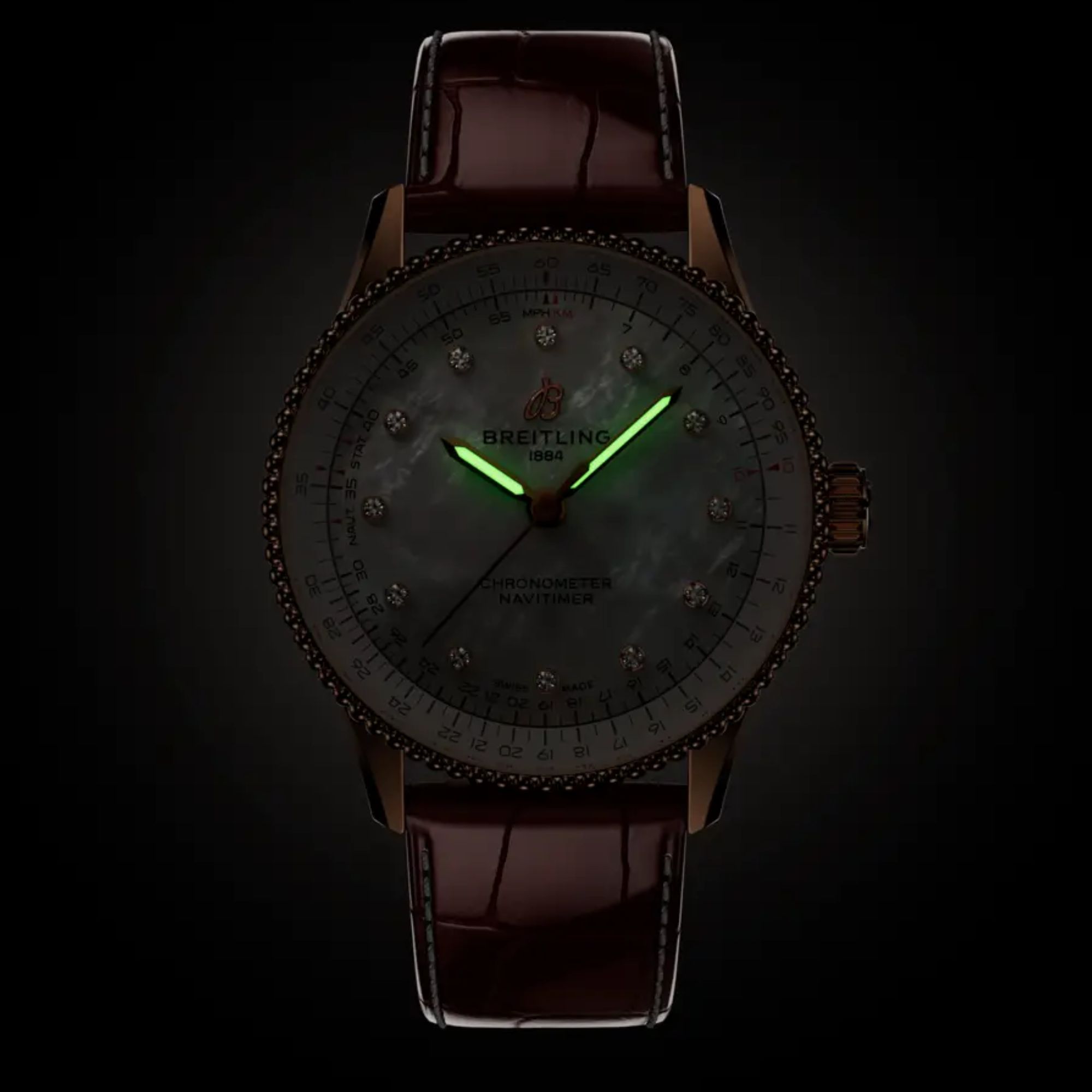 Breitling Navitimer Better Gold automatic diamond index white mother-of-pearl dial brown leather strap 36 mm