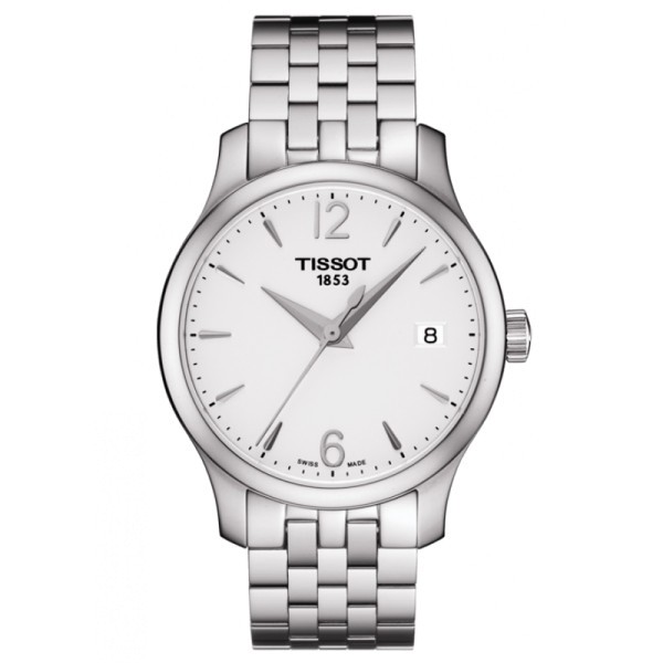 Montre Tissot T-Classic Tradition Lady quartz cadran argent bracelet acier 33 mm T063.210.11.037.00