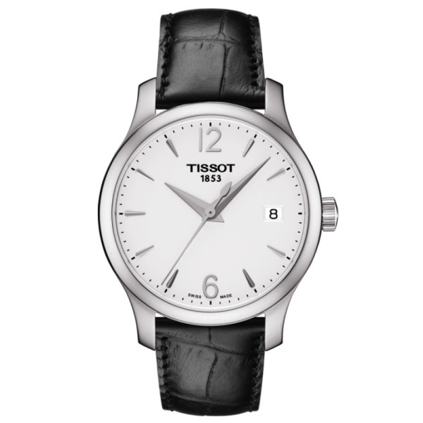 Montre Tissot T-Classic Tradition Lady quartz cadran argent bracelet cuir noir 33 mm T063.210.16.037.00