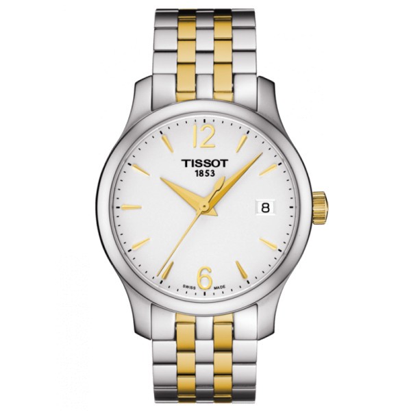 Montre Tissot T-Classic Tradition Lady quartz cadran argent bracelet acier bicolore 33 mm
