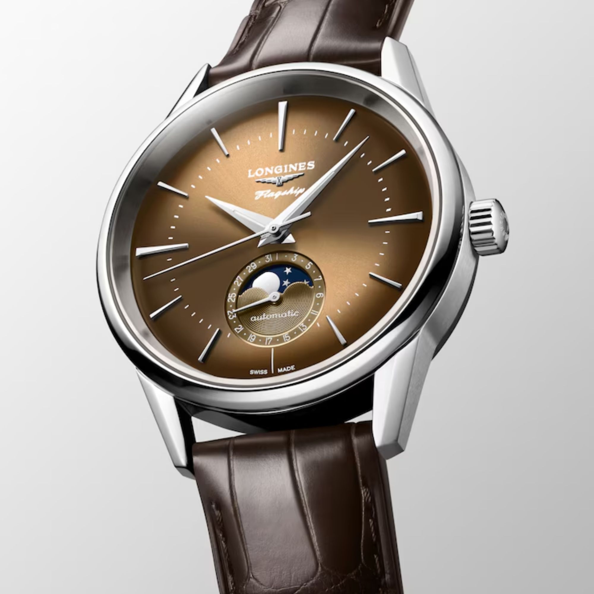 Montre Longines Flagship Heritage Phase de Lune automatique cadran beige havane bracelet cuir brun 38,5 mm