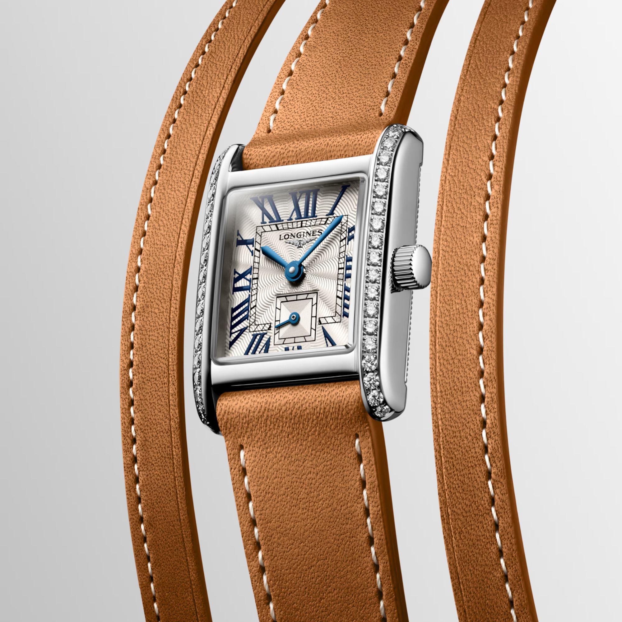 Montre Longines Mini DolceVita quartz cadran argent flinqué lunette sertie bracelet cuir double-tour beige gold 21,5 x 29 mm