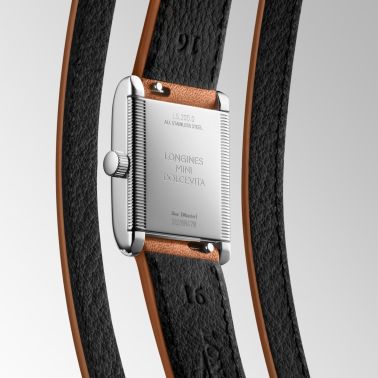 Montre Longines Mini DolceVita quartz cadran argent flinqué lunette sertie bracelet cuir double-tour beige gold 21,5 x 29 mm