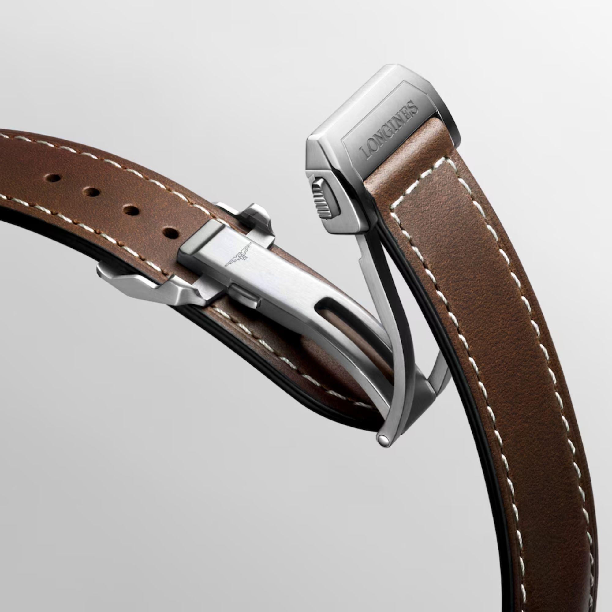 Longines Spirit Flyback automatic watch black dial brown leather strap 42 mm