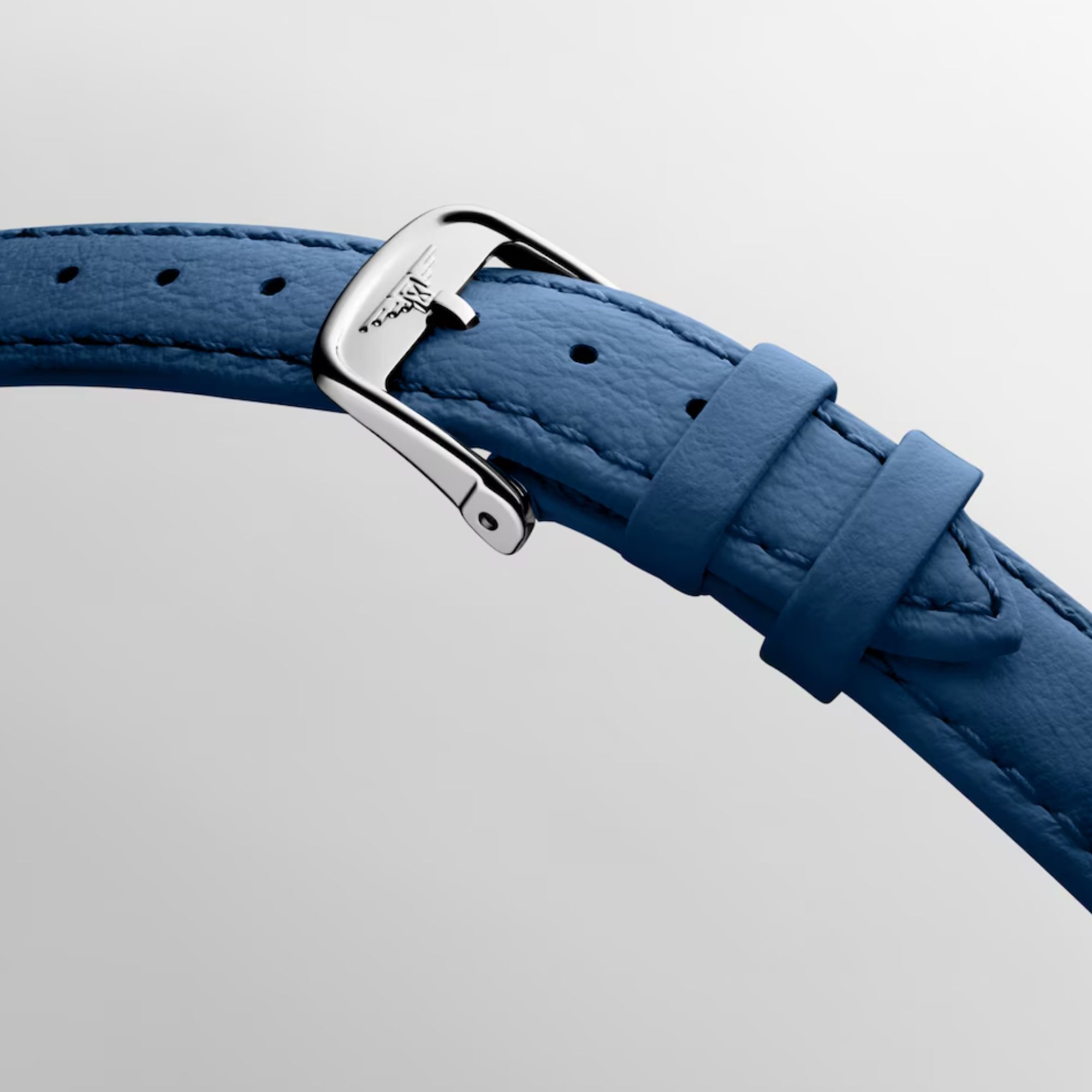 Montre Longines Elegant collection Phase de Lune quartz cadran blanc bracelet cuir bleu 30 mm