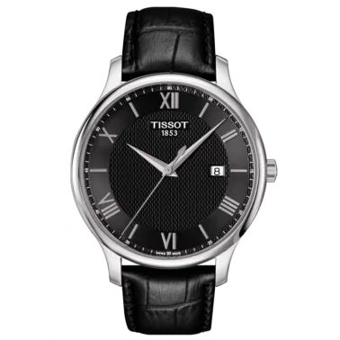 Montre Tissot T-Classic Tradition quartz cadran noir chiffres romains bracelet cuir noir 42 mm T063.610.16.058.00