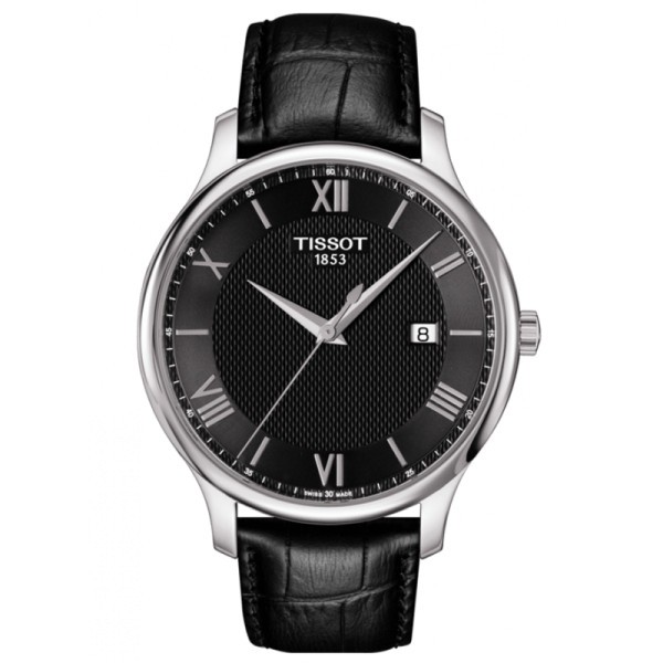 Montre Tissot T-Classic Tradition quartz cadran noir chiffres romains bracelet cuir noir 42 mm
