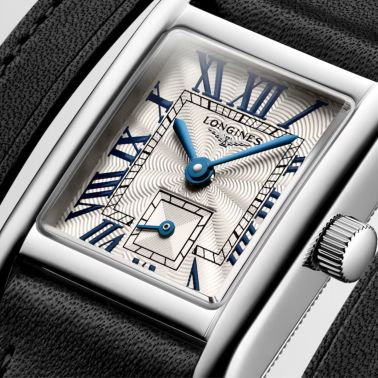 Longines Mini DolceVita quartz watch silver flinqué dial black leather strap double-tour 21,5 x 29 mm
