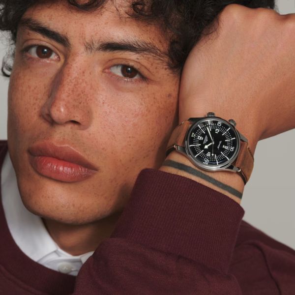 Longines Legend Diver automatic watch black dial brown leather strap 39 mm