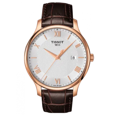 Montre Tissot T-Classic Tradition quartz acier PVD or rose cadran argent bracelet cuir brun 42 mm T063.610.36.038.00
