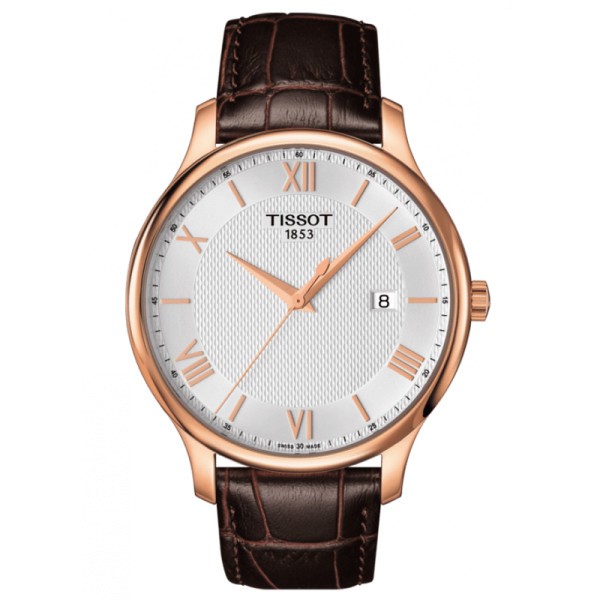 Montre Tissot T-Classic Tradition quartz acier PVD or rose cadran argent bracelet cuir brun 42 mm