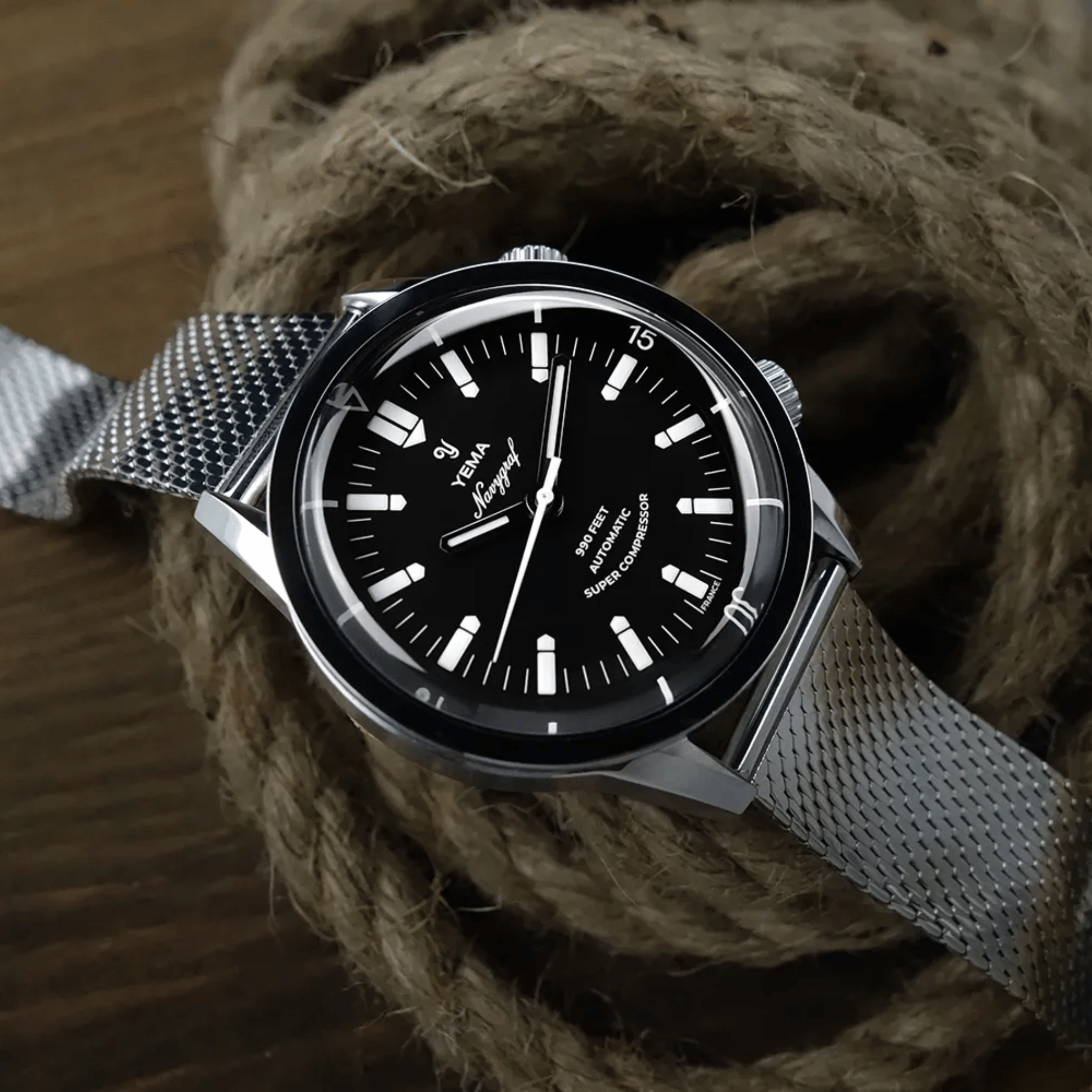 Yema Navygraf Super Compressor automatic black dial tropic bracelet 38,5 mm