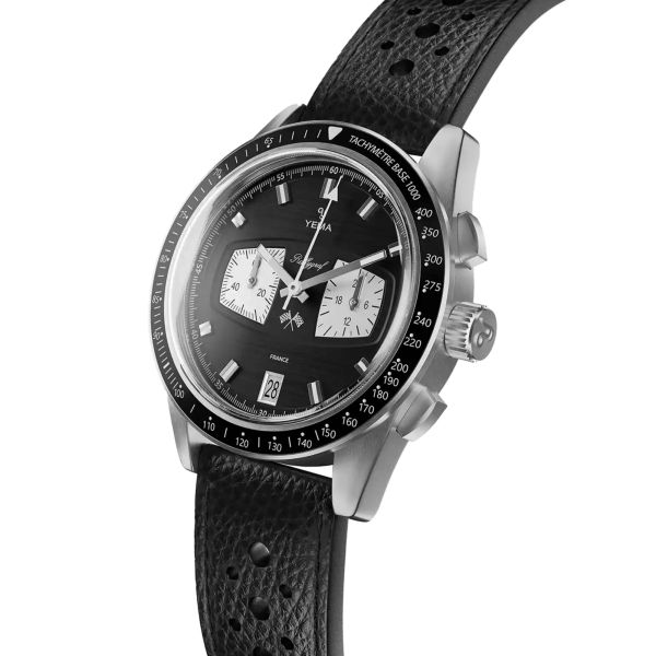Montre Yema Rallygraf Meca-Quartz II Reverse Panda cadran noir bracelet cuir 40 mm