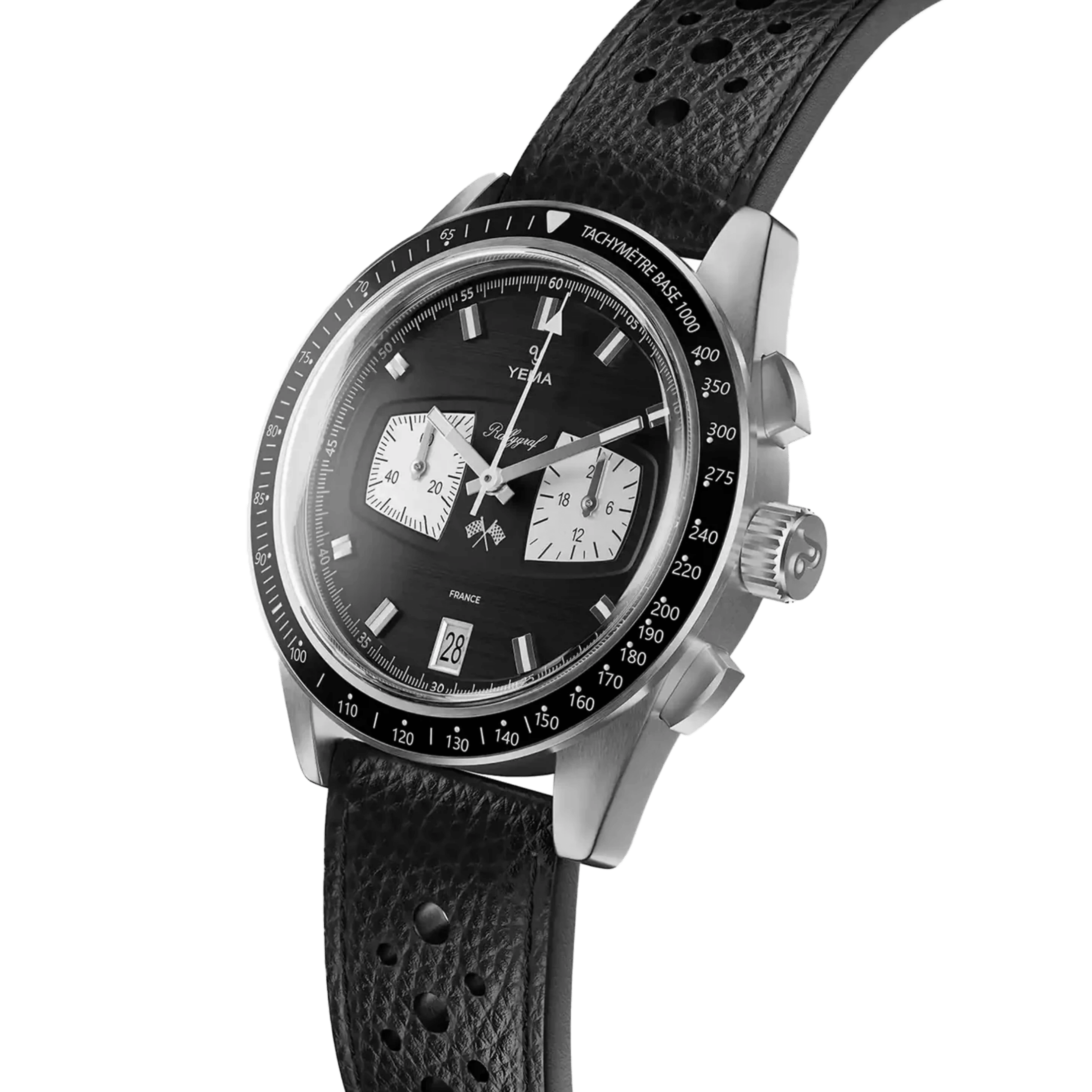 Yema Rallygraf Meca-Quartz II Reverse Panda black dial leather strap 40 mm