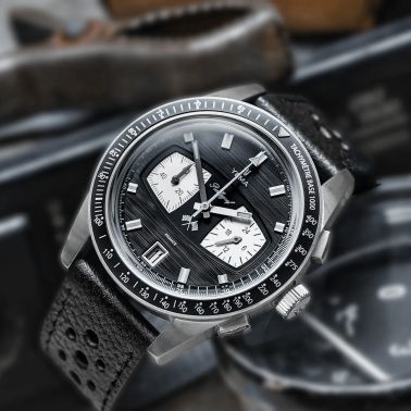 Montre Yema Rallygraf Meca-Quartz II Reverse Panda cadran noir bracelet cuir 40 mm