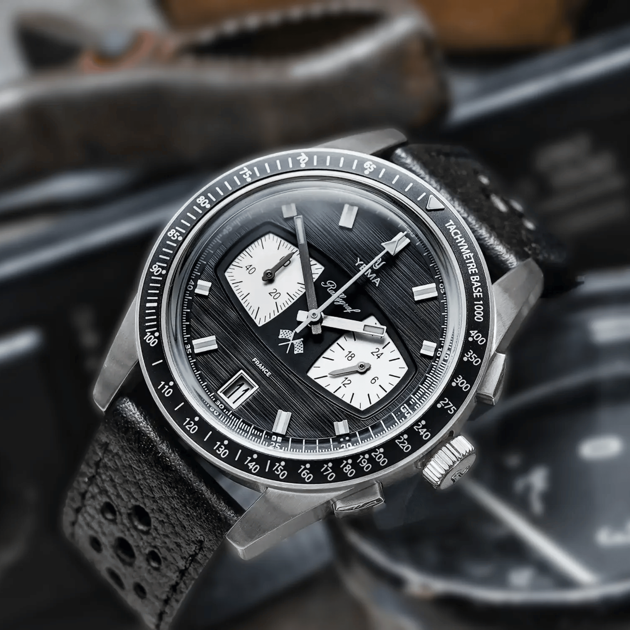 Yema Rallygraf Meca-Quartz II Reverse Panda black dial leather strap 40 mm