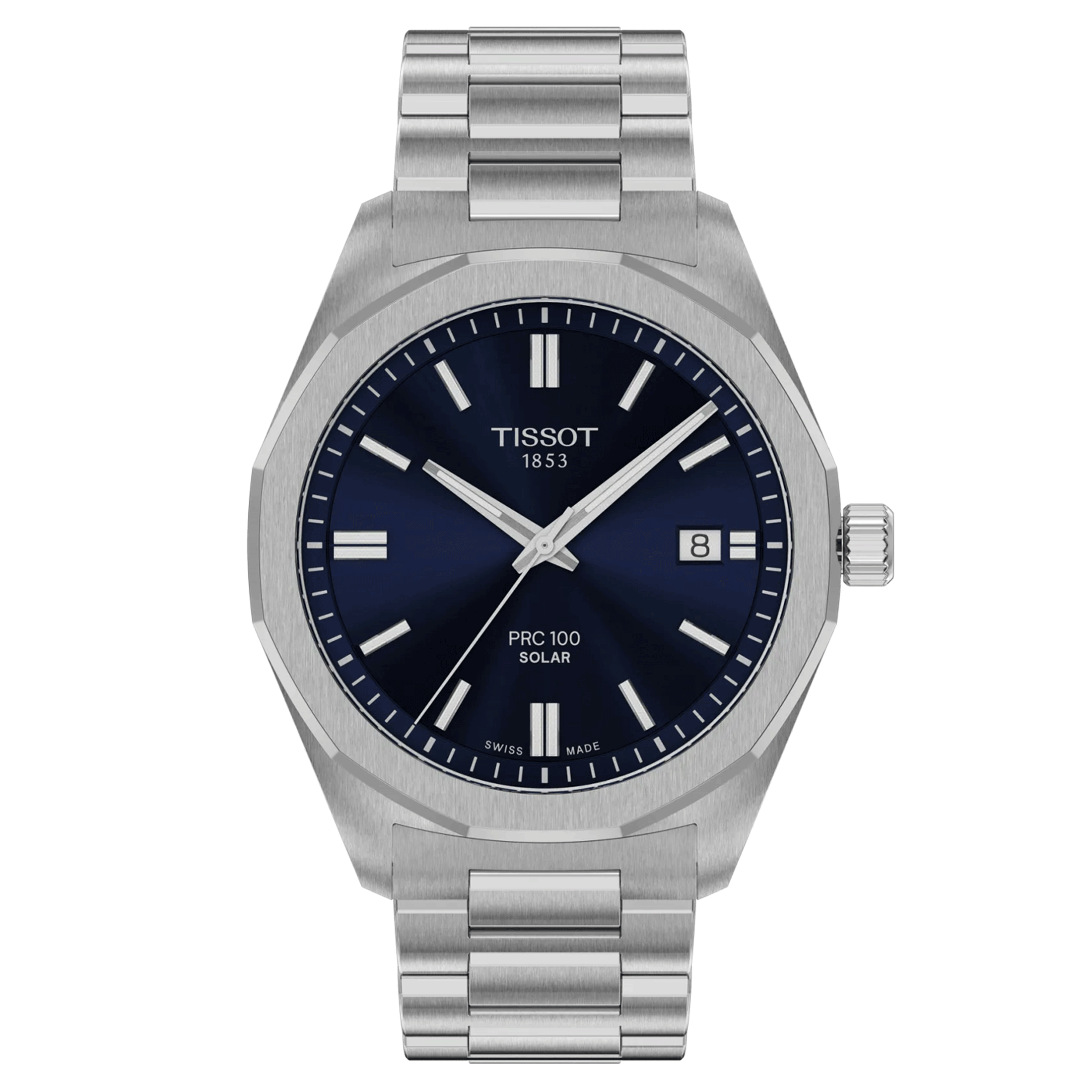 Tissot T-Classic PR 100 solar quartz watch blue dial stainless steel bracelet 39 mm T151.422.11.041.00