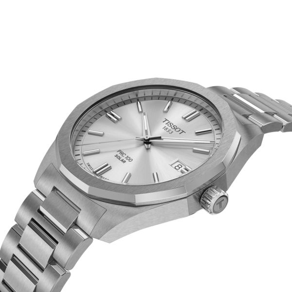 Montre Tissot T-Classic PR 100 quartz solaire cadran argent bracelet acier 39 mm T151.422.11.031.00