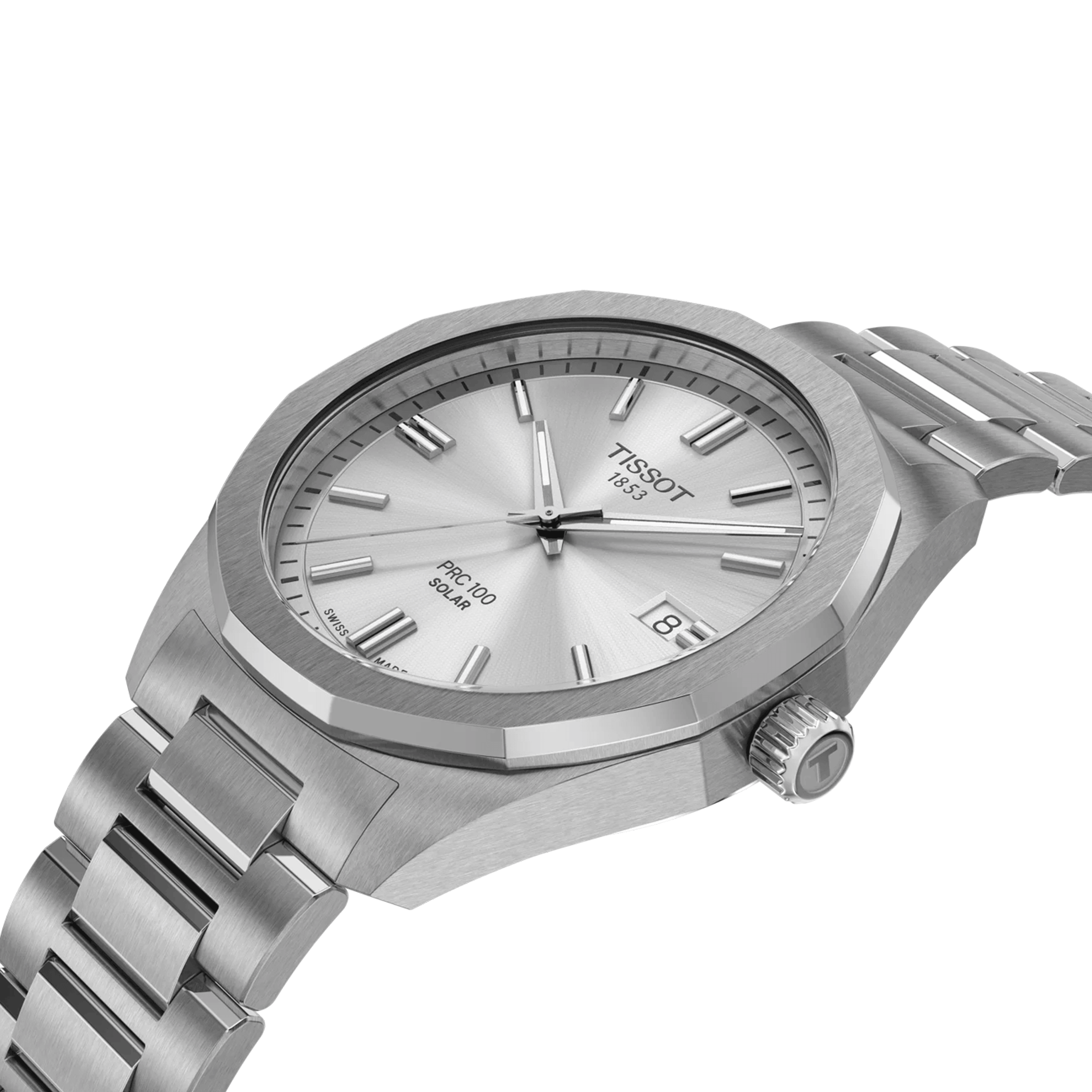 Montre Tissot T-Classic PR 100 quartz solaire cadran argent bracelet acier 39 mm T151.422.11.031.00