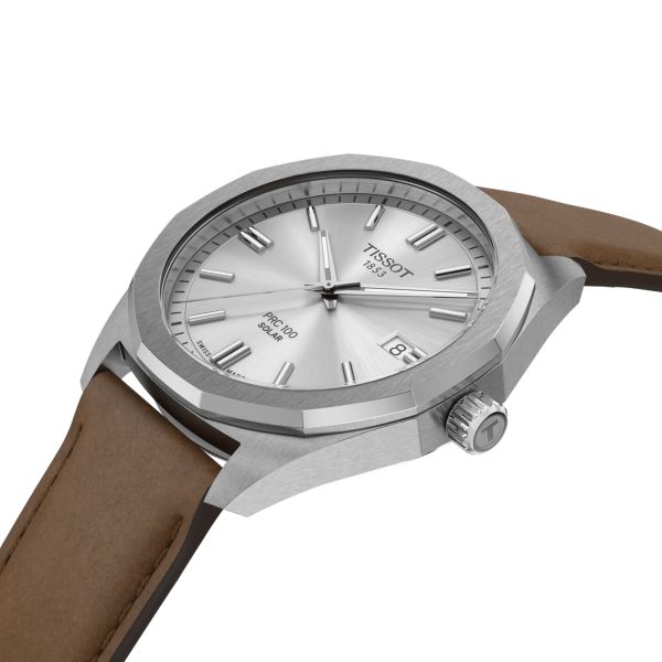 Montre Tissot T-Classic PR 100 quartz solaire cadran argent bracelet cuir brun 39 mm T151.422.16.031.00