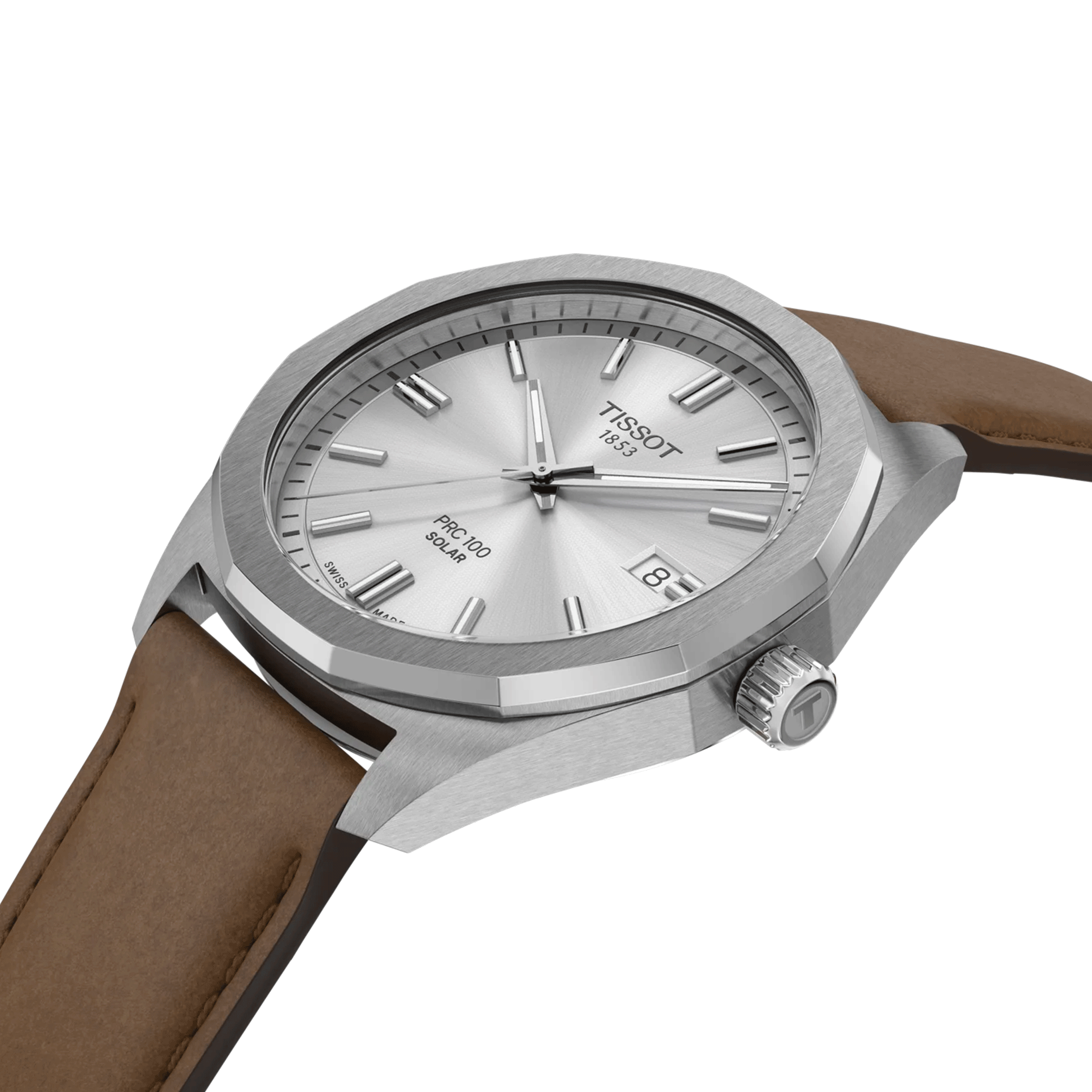 Montre Tissot T-Classic PR 100 quartz solaire cadran argent bracelet cuir brun 39 mm T151.422.16.031.00