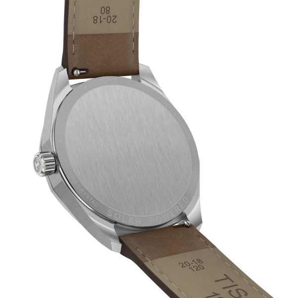 Montre Tissot T-Classic PR 100 quartz solaire cadran argent bracelet cuir brun 39 mm T151.422.16.031.00