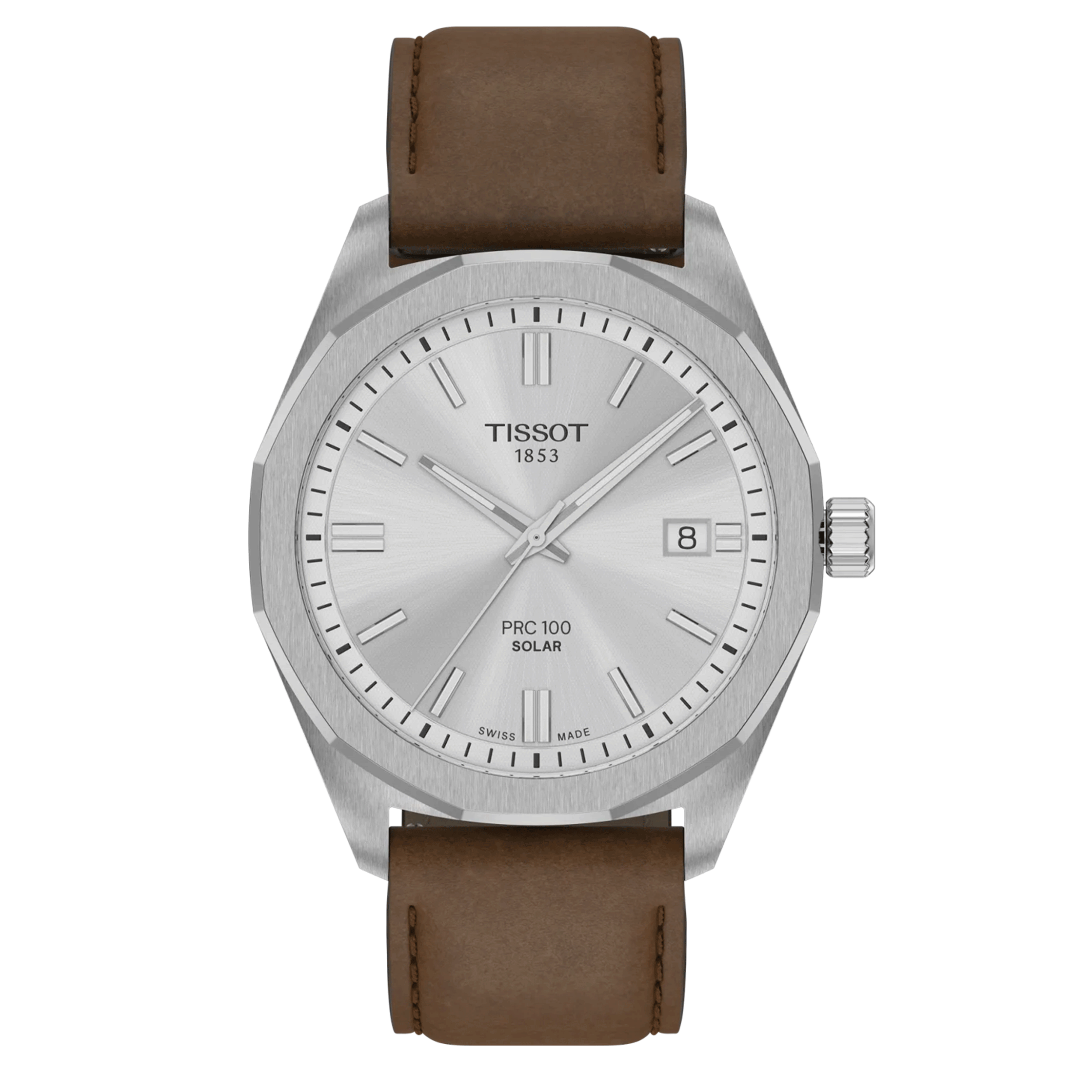 Montre Tissot T-Classic PR 100 quartz solaire cadran argent bracelet cuir brun 39 mm T151.422.16.031.00