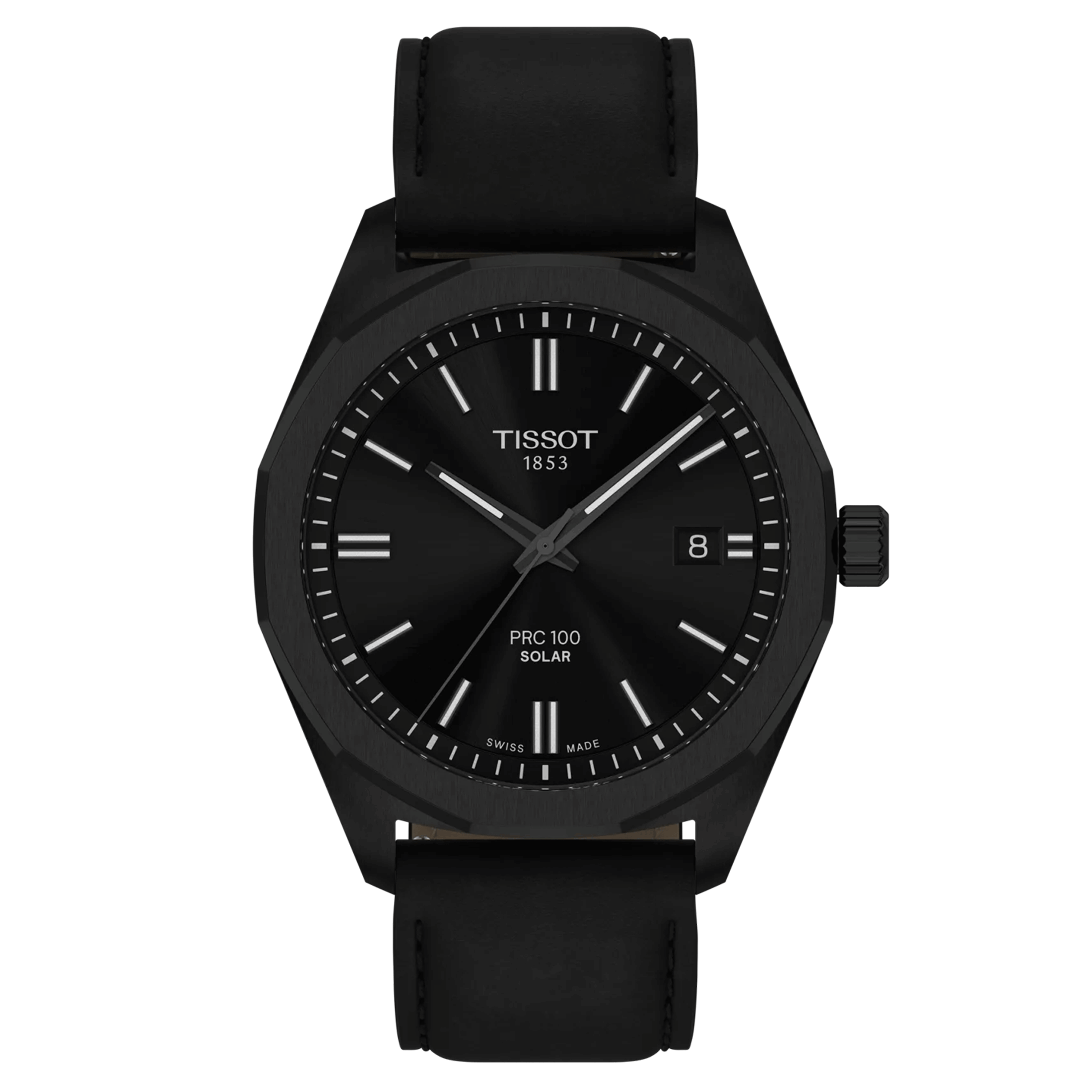 Tissot T-Classic PR 100 quartz solar watch black dial black leather strap 39 mm T151.422.36.051.00