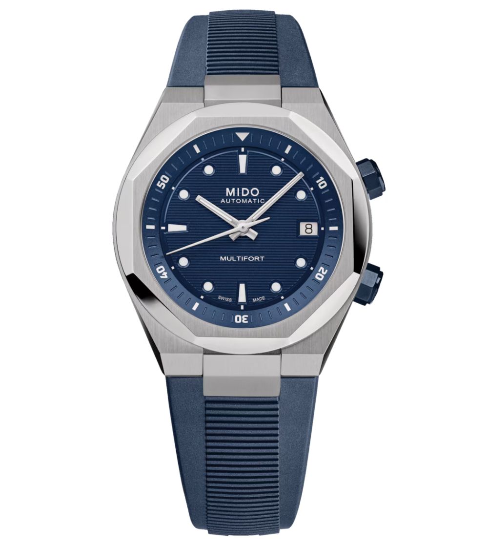 Montre Mido Multifort 8 Two Crowns automatique cadran bleu bracelet caoutchouc 40 mm
