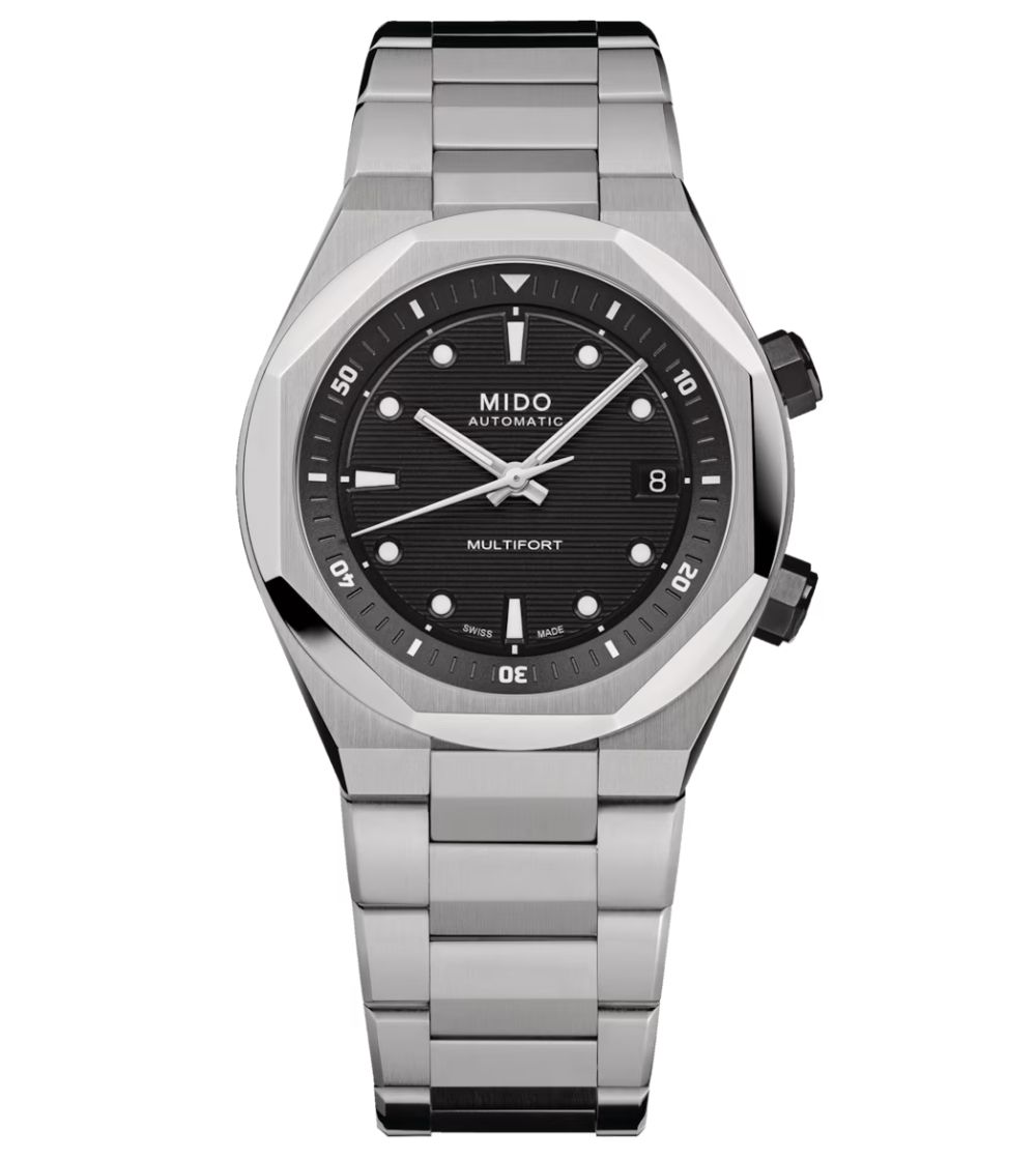 Mido Multifort 8 Two Crowns automatic watch, black dial, 40 mm steel bracelet