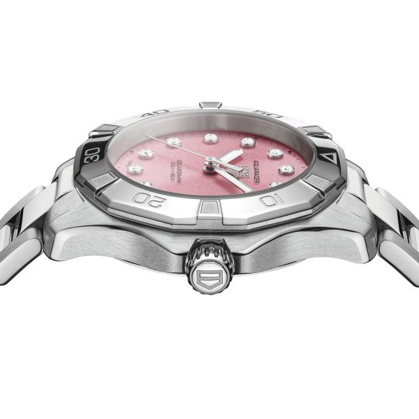 TAG Heuer Aquaracer Professional 200 Solargraph solar watch diamond index pink dial steel bracelet 34 mm WBP1318.BA0005
