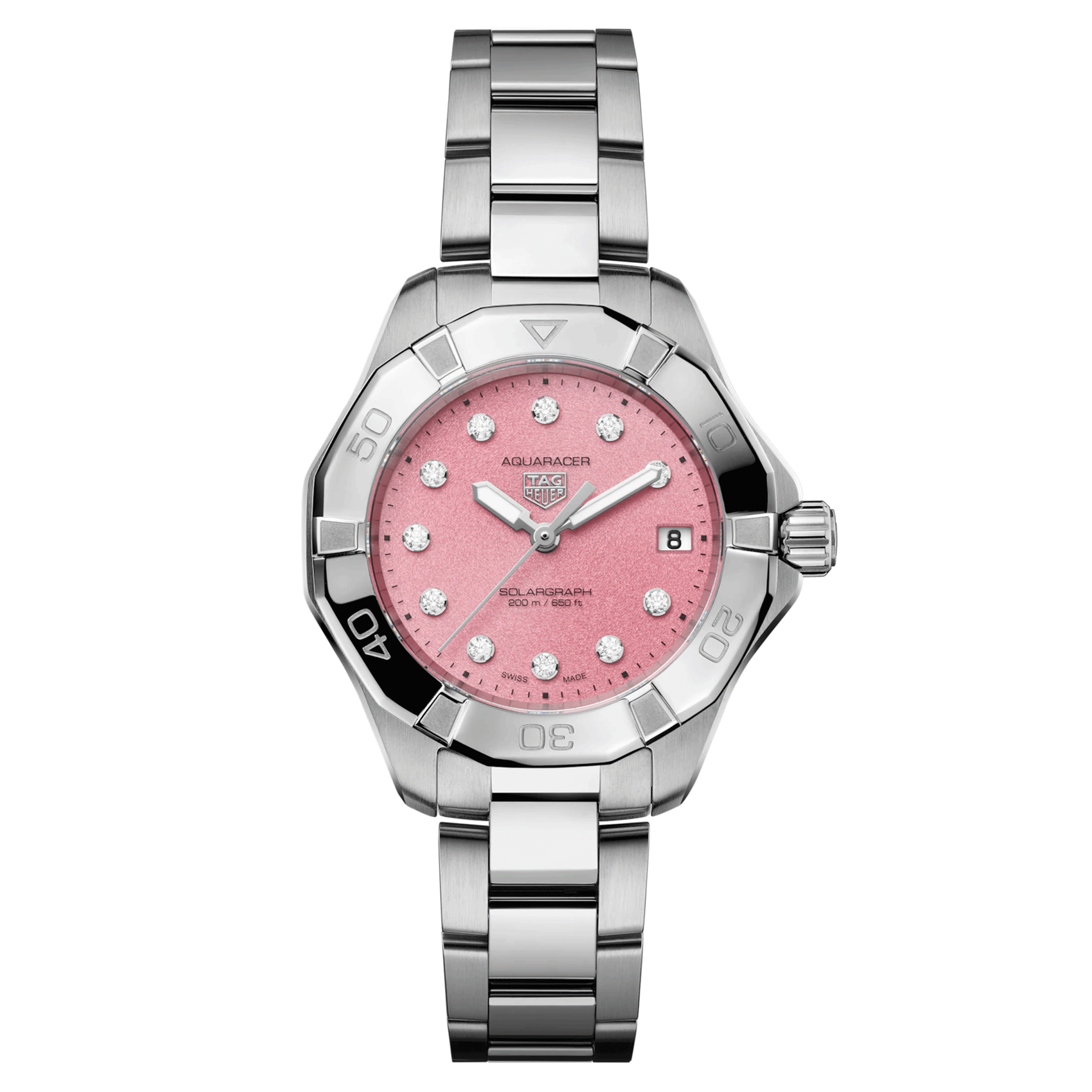 Montre TAG Heuer Aquaracer Professional 200 Solargraph solaire index diamants cadran rose bracelet acier 34 mm WBP1318.BA0005