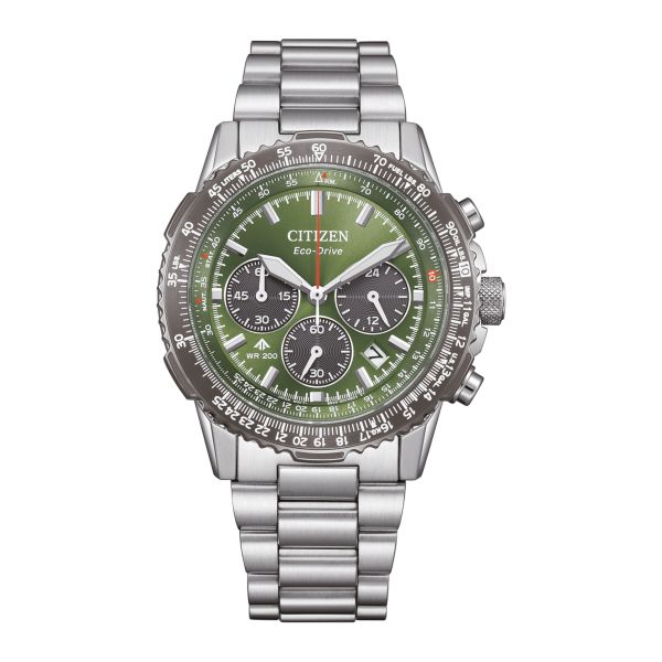 Citizen Promaster Sky Chronographe Navihawk Eco-Drive green dial steel bracelet 40 mm