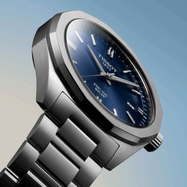 Tissot T-Classic PR 100 solar quartz watch blue dial stainless steel bracelet 39 mm T151.422.11.041.00