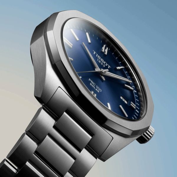 Tissot T-Classic PR 100 solar quartz watch blue dial stainless steel bracelet 39 mm T151.422.11.041.00